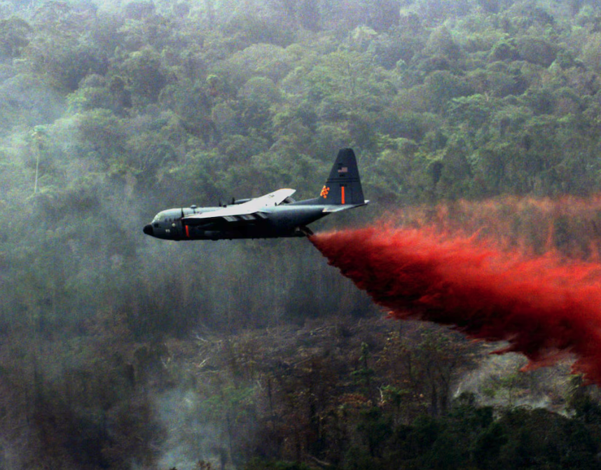 Air National Guard C-130 Hercules equipped with MAFFS fighting a wildfire in Southern California